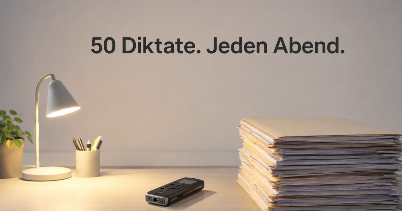 Schreibtisch mit Lampe, hohem Papierstapel und Diktiergerät, Titel „50 Diktate. Jeden Abend.“