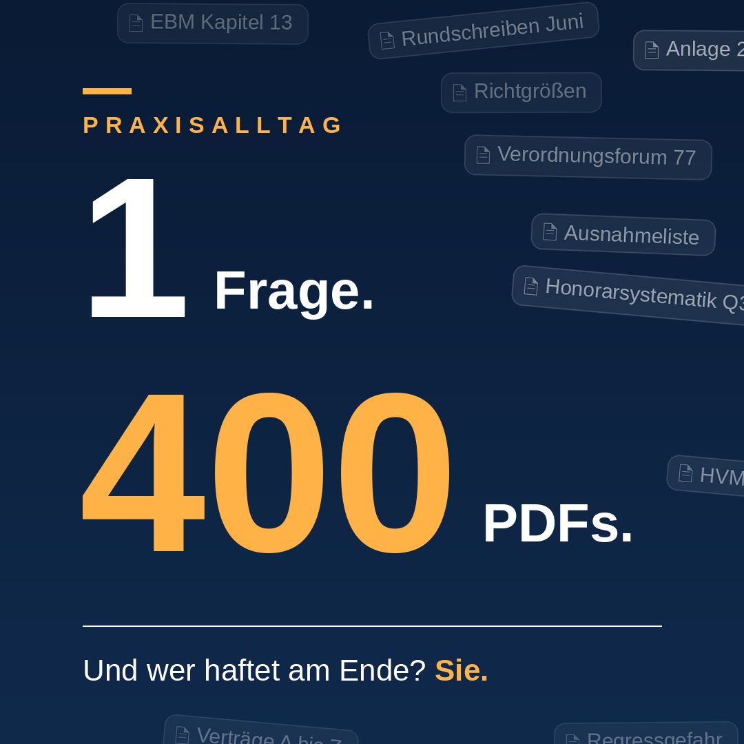 Grafik „Praxisalltag: 1 Frage. 400 PDFs. Und wer haftet am Ende? Sie.“ mit schwebenden Regelwerk-Schlagworten (EBM, Verordnungsforum 77, Honorarsystematik Q3).