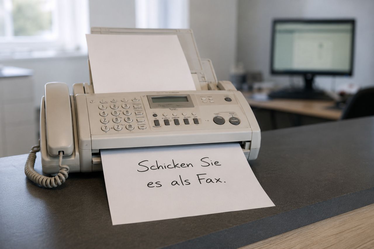 Faxgerät auf einem Schreibtisch mit handschriftlichem Zettel „Schicken Sie es als Fax.“