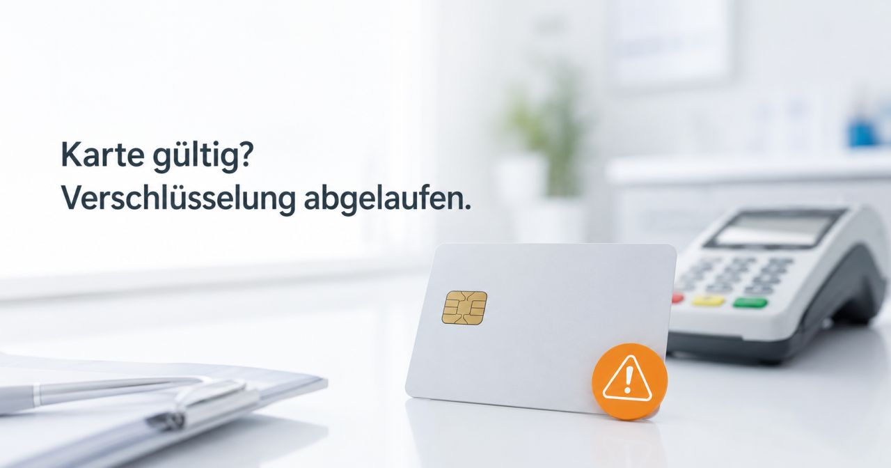 Praxis-/Heilberufskarte am Kartenterminal mit Warnsymbol, Titel „Karte gültig? Verschlüsselung abgelaufen.“ (RSA→ECC-Fristablauf).