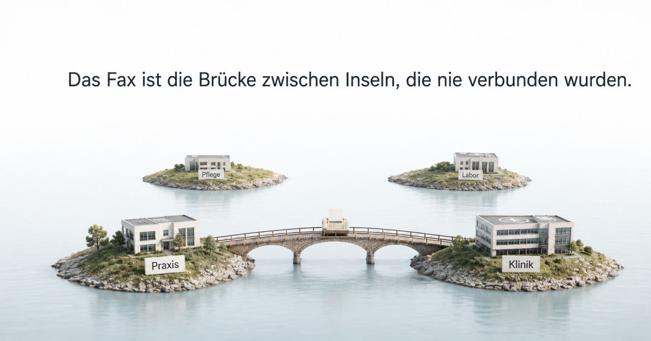 Illustration zweier Inseln, verbunden durch eine Brücke, mit Titel „Das Fax ist die Brücke zwischen Inseln, die nie verbunden wurden.“
